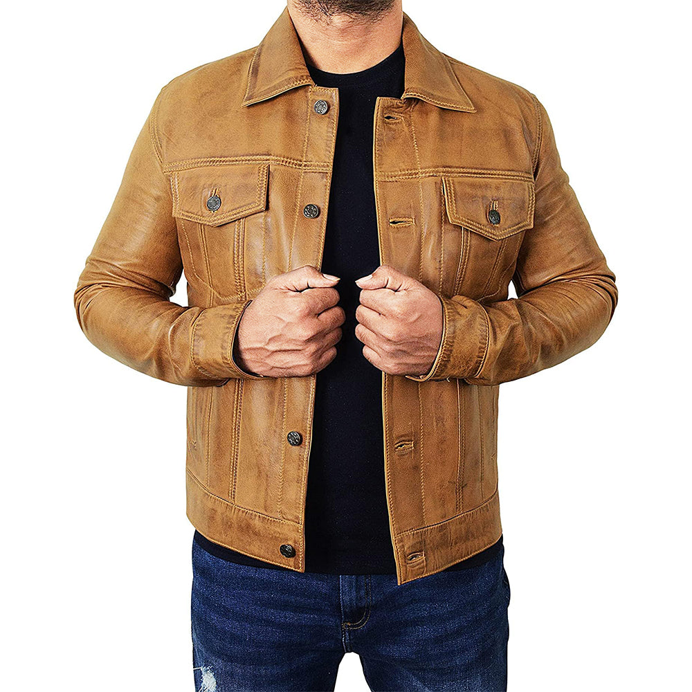 Men's Camel Brown Trucker  Leather Jacket