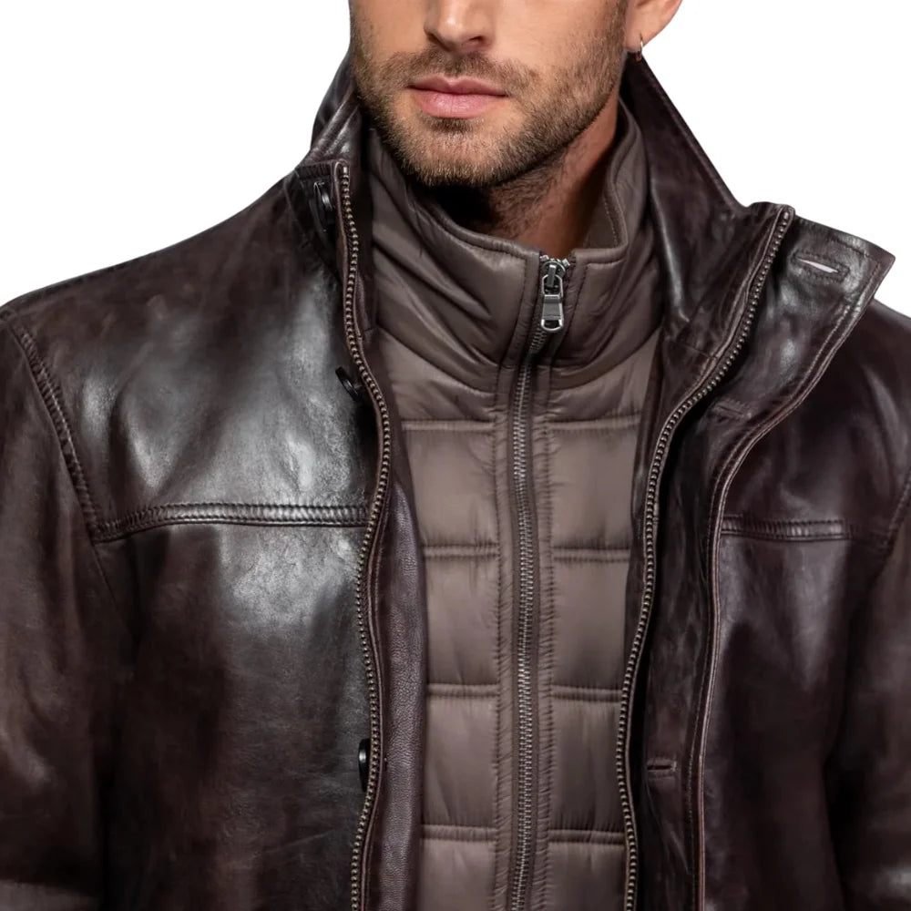 Men’s Dark Brown Lambskin Leather Jacket with Removable Inner Collar