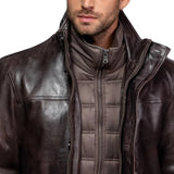 Men’s Dark Brown Lambskin Leather Jacket with Removable Inner Collar