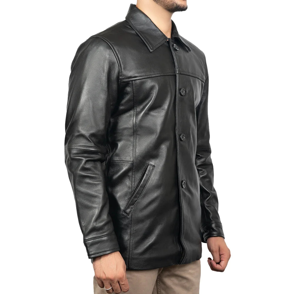 Victor Black Mens 3/4 Length Lambskin Leather Car Coat