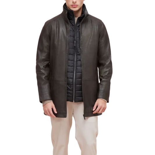 Men’s Dark Brown Lamb Leather Car Coat with Detachable Quilted Vest