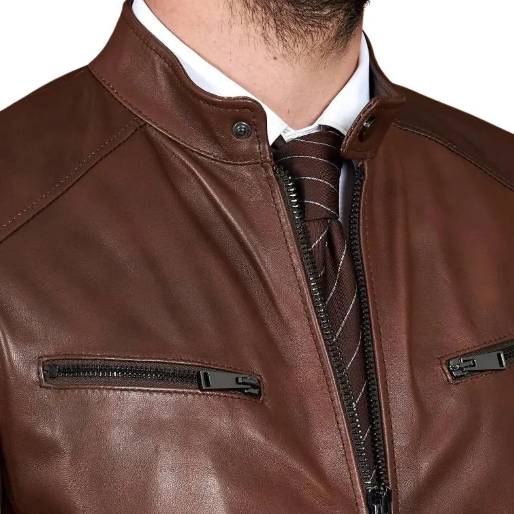Men’s Real Lambskin Chocolate Brown Biker Leather Jacket