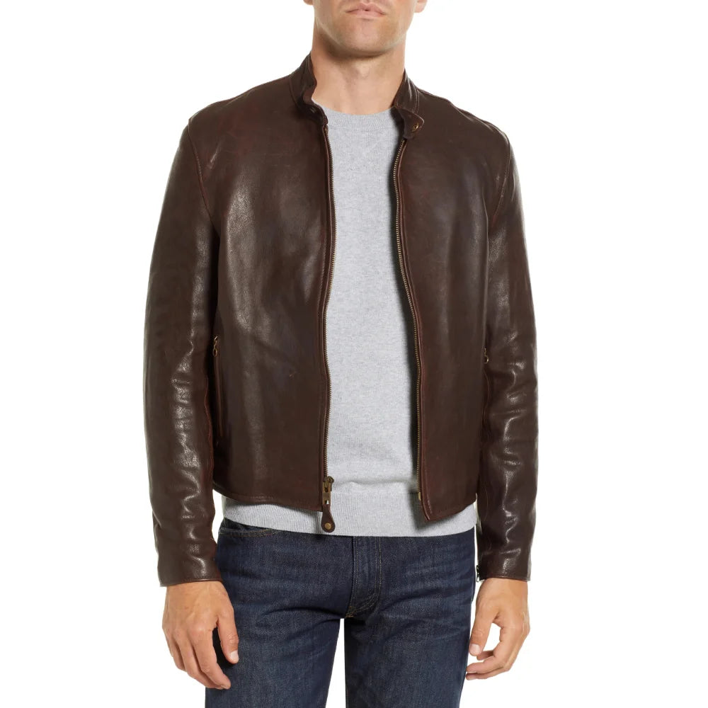 Men's Real Chocolate Brown Cafe Racer Leather Jacket