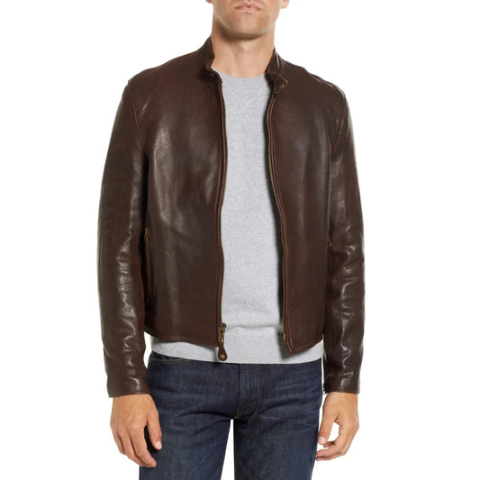 Men's Real Chocolate Brown Cafe Racer Leather Jacket