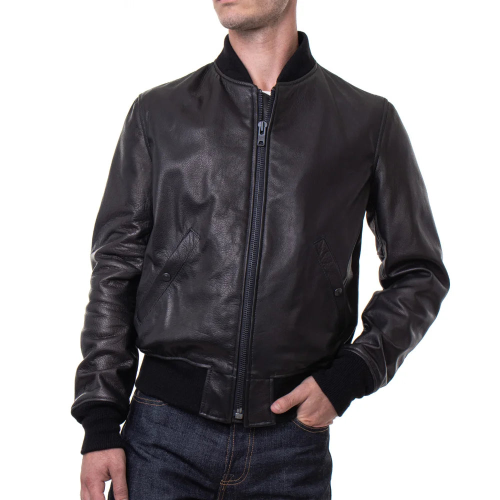 Men's Lightweight Black Cowhide Leather Bomber Jacket