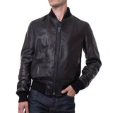 Men's Lightweight Black Cowhide Leather Bomber Jacket