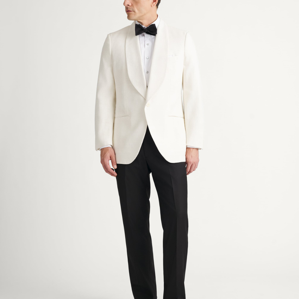 Textured Matka silk fabric on ivory dinner jacket
