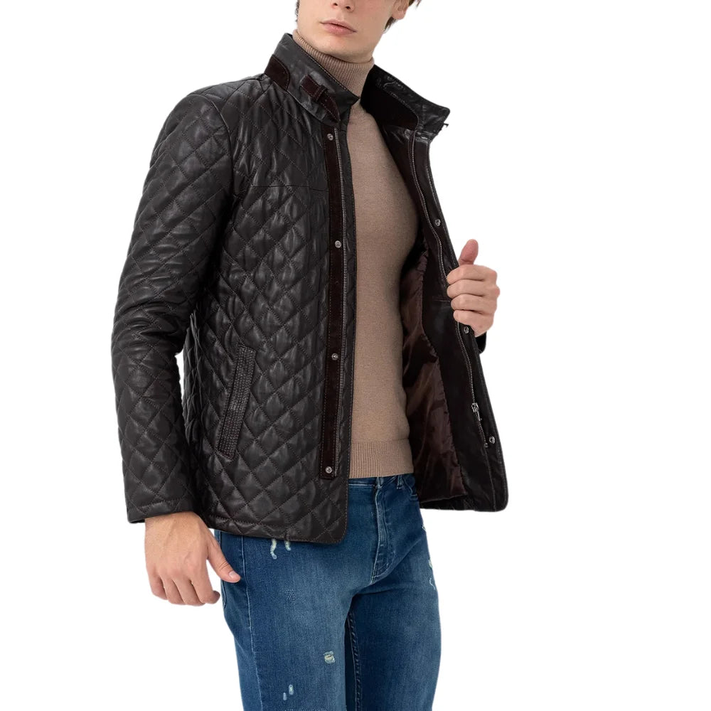 Men’s Black Diamond Quilted Real Leather Car Coat with Brown Detailing