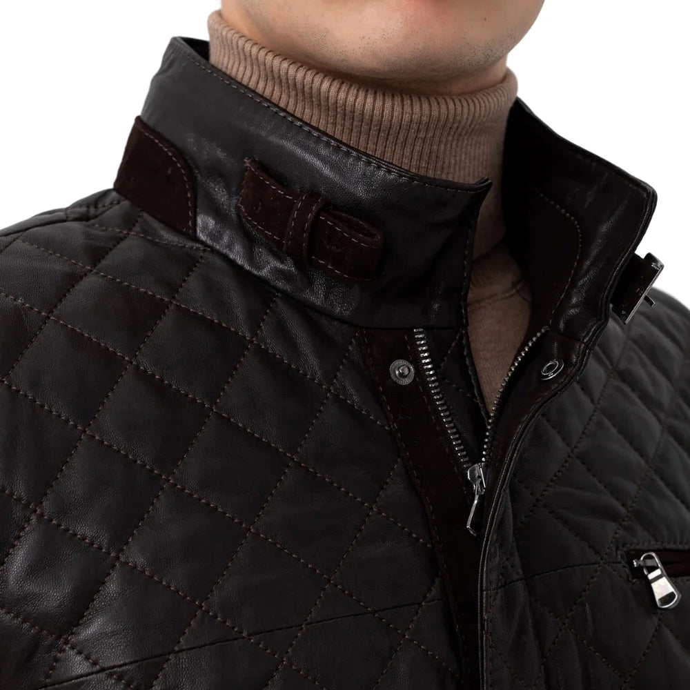 Men’s Black Diamond Quilted Real Leather Car Coat with Brown Detailing