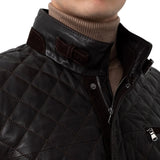 Men’s Black Diamond Quilted Real Leather Car Coat with Brown Detailing