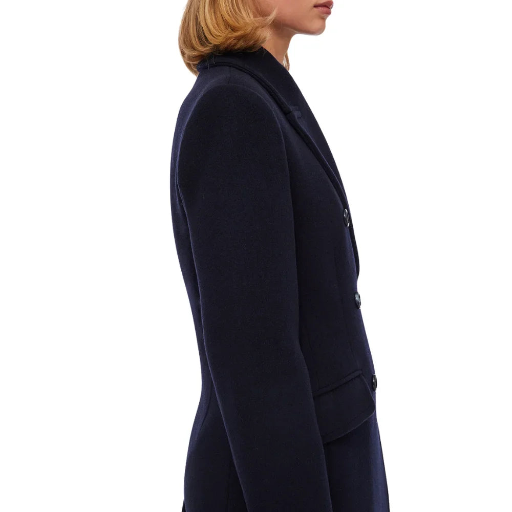 Women's Classic Dark Blue Double-Breasted Wool Trench Coat