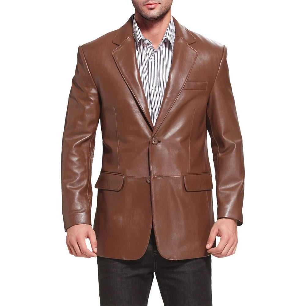 Mens Notched Lapel Two Button Brown Leather Blazer
