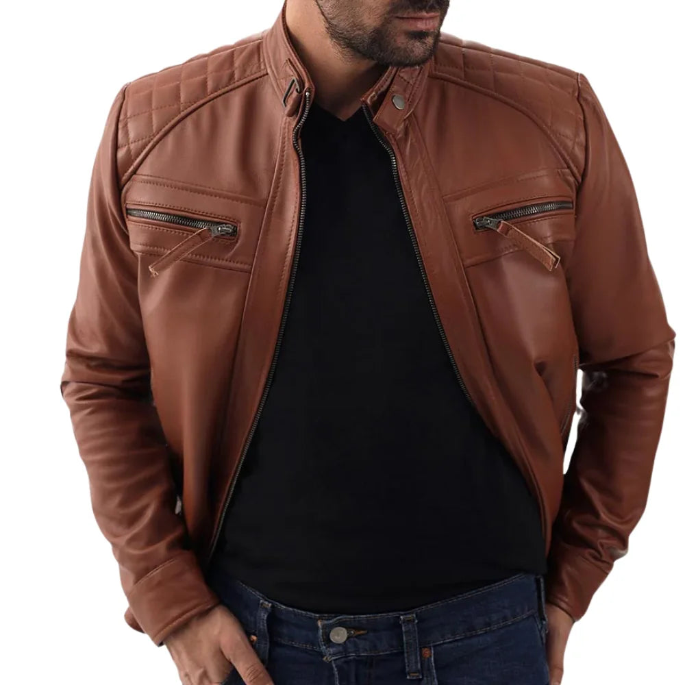 Men's Cognac Brown Real Lambskin Biker Leather Jacket with Quilted Shoulders