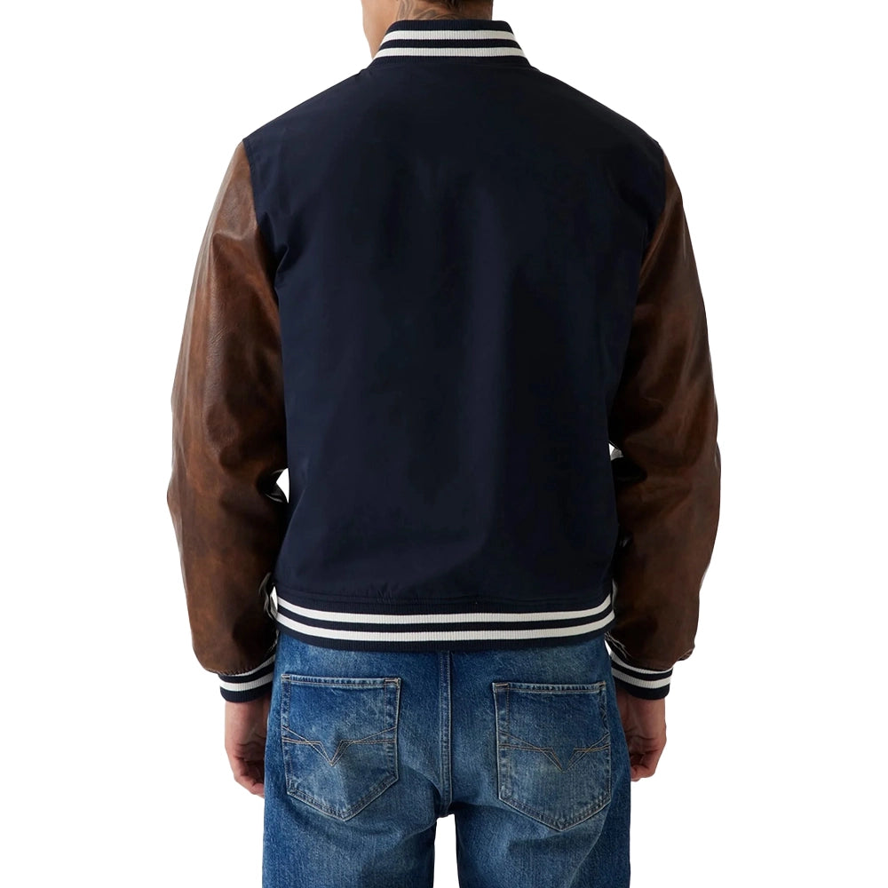Mens Wool Navy Blue Varsity Jacket with Leather Sleeves