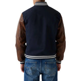 Mens Wool Navy Blue Varsity Jacket with Leather Sleeves