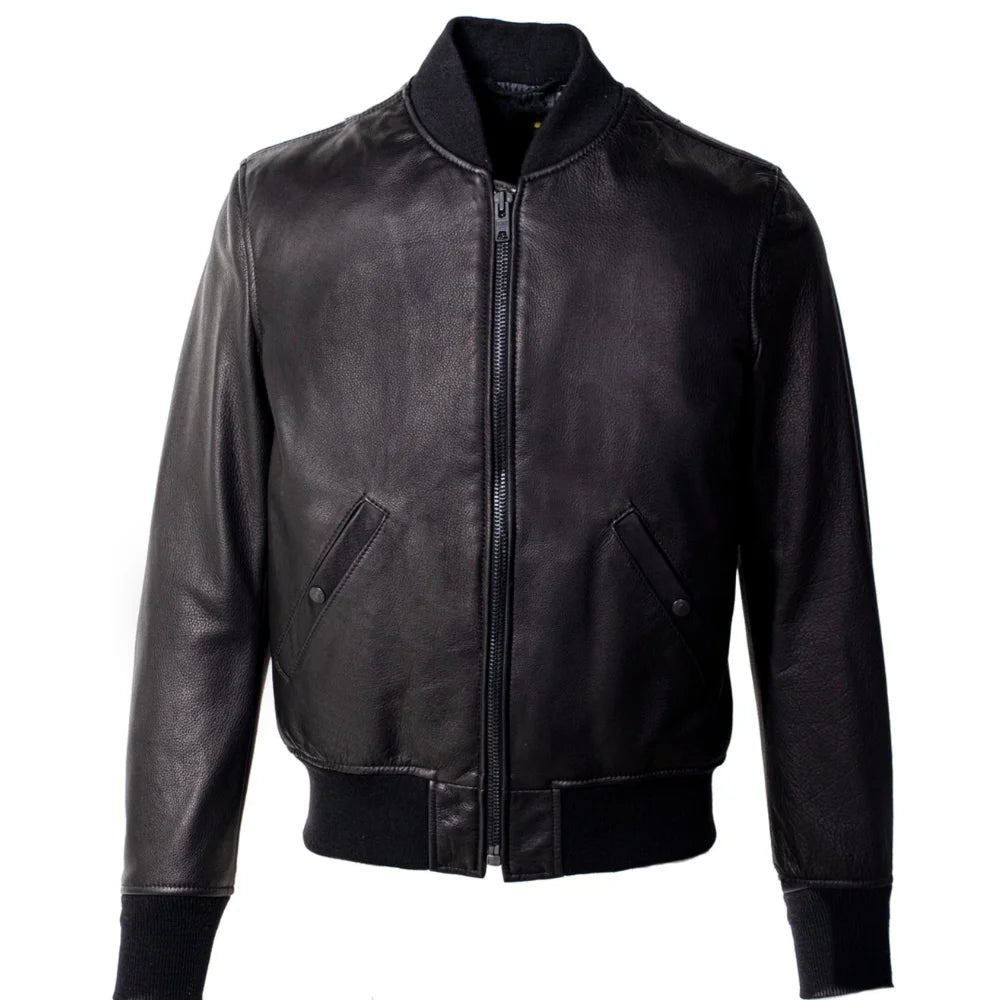 Men's Lightweight Black Cowhide Leather Bomber Jacket