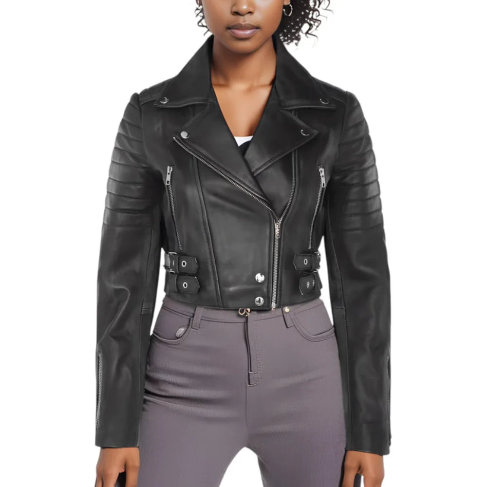 Women’s Black Cropped Leather Biker Jacket
