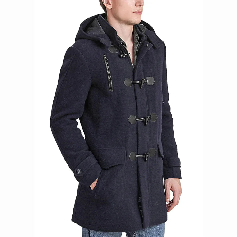 Men’s Dark Blue Wool Blend Hooded Duffle Coat