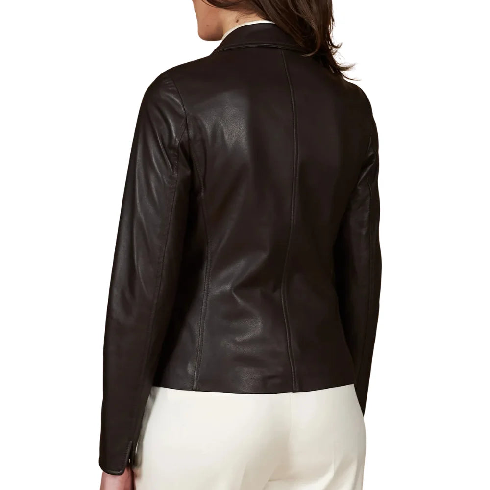 Women's Dark Brown Two Button Leather Blazer