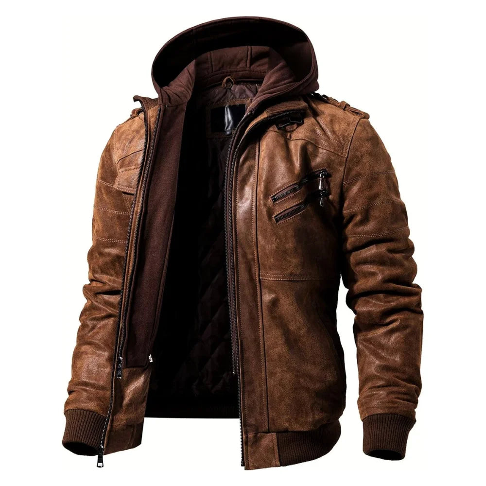 Mens Dark Brown Leather Bomber Jacket With Removable Hood