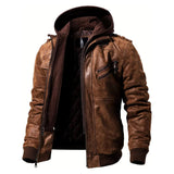 Mens Dark Brown Leather Bomber Jacket With Removable Hood