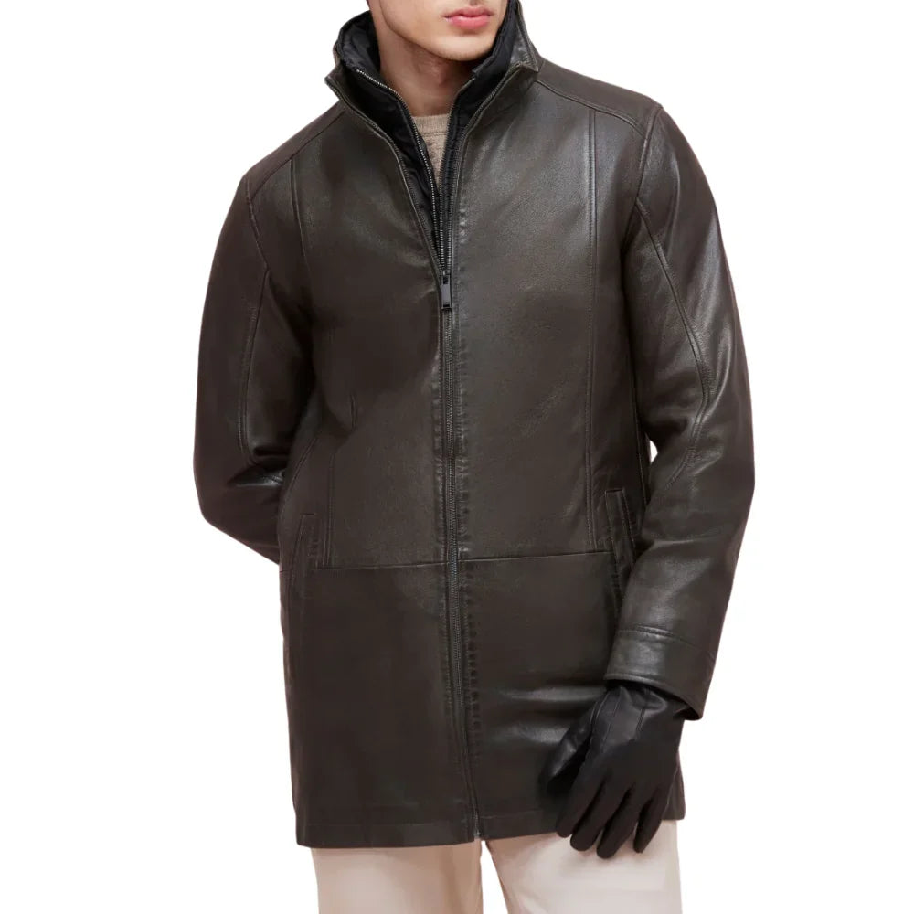 Men’s Dark Brown Lamb Leather Car Coat with Detachable Quilted Vest
