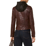 Dark brown leather jacket for women back view