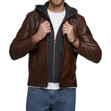 Men's Real Dark Brown Leather Jacket with Hood