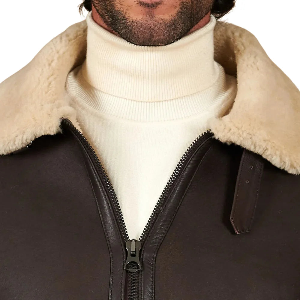 Men's Dark Brown Shirt Collar Shearling Lamb Biker Jacket