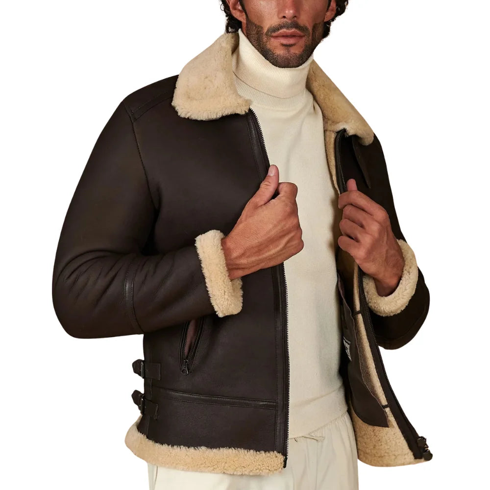 Men's Dark Brown Shirt Collar Shearling Lamb Biker Jacket
