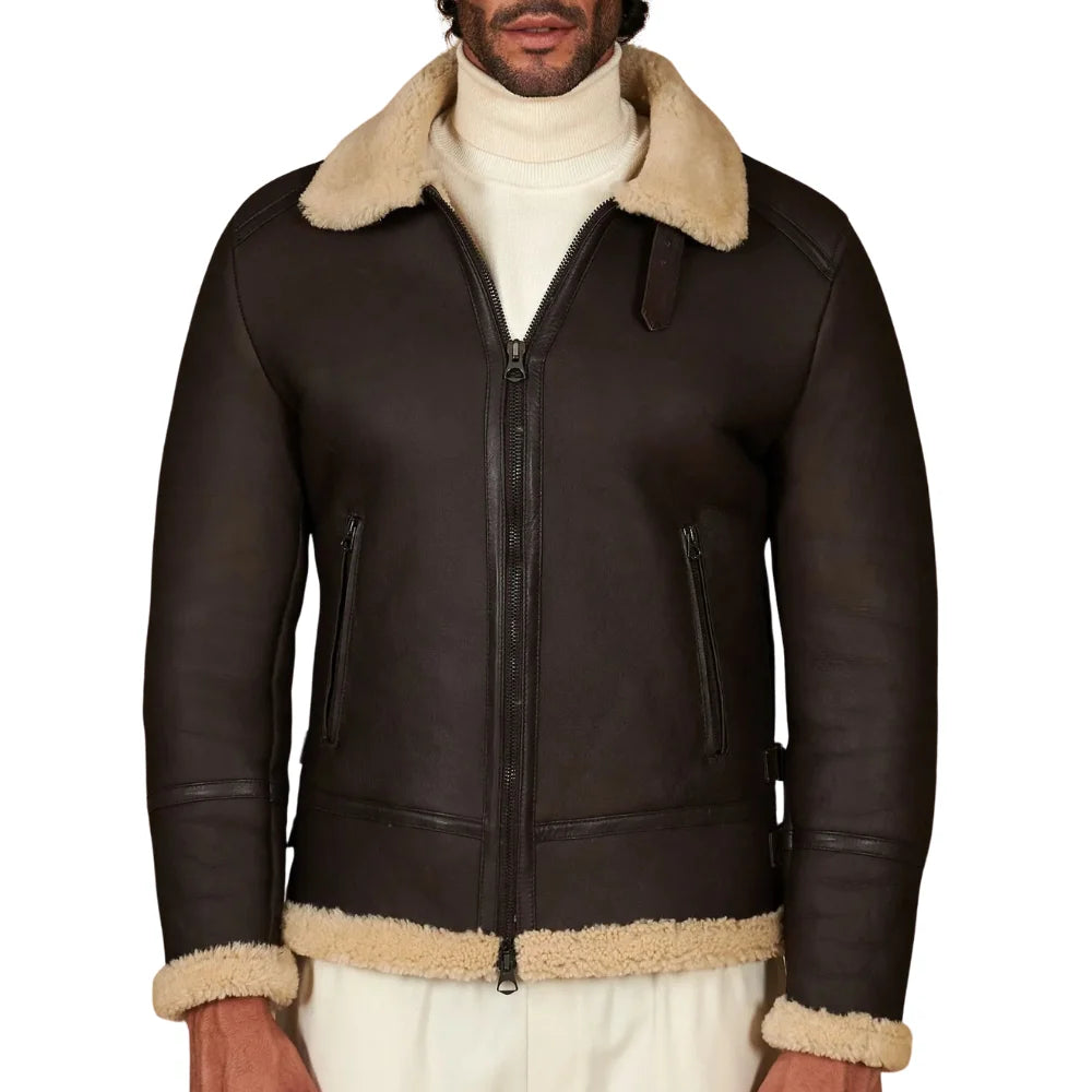 Men's Dark Brown Shirt Collar Shearling Lamb Biker Jacket