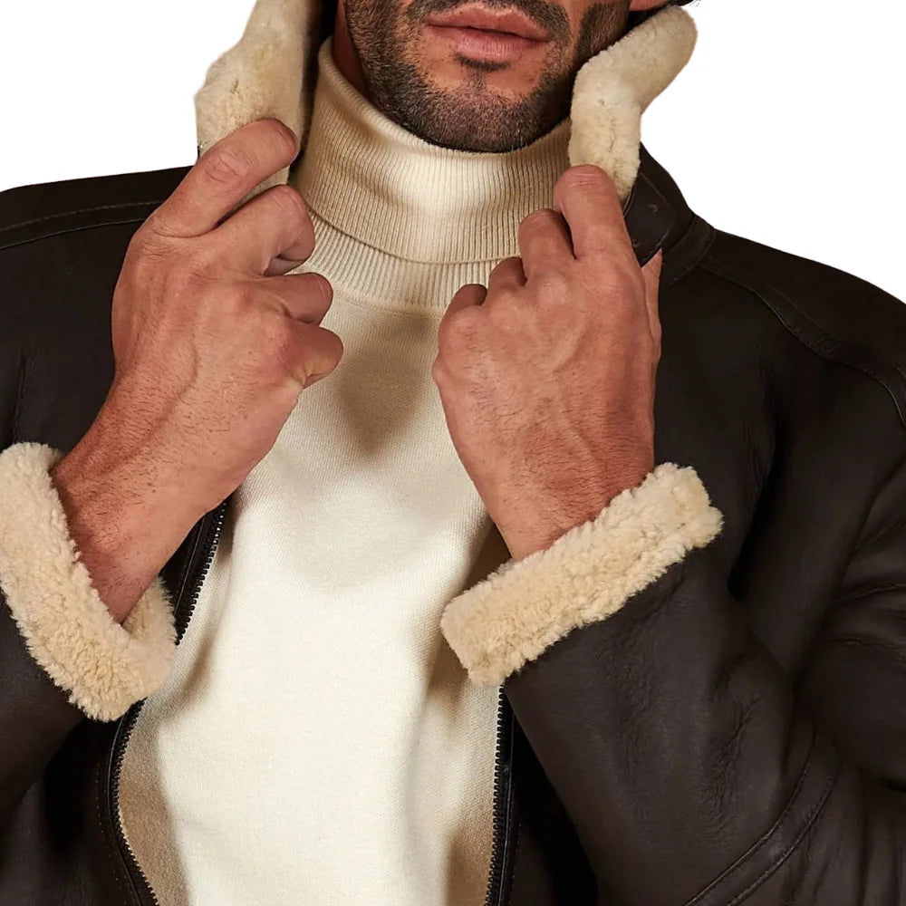 Men's Dark Brown Shirt Collar Shearling Lamb Biker Jacket