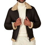 Men's Dark Brown Shirt Collar Shearling Lamb Biker Jacket