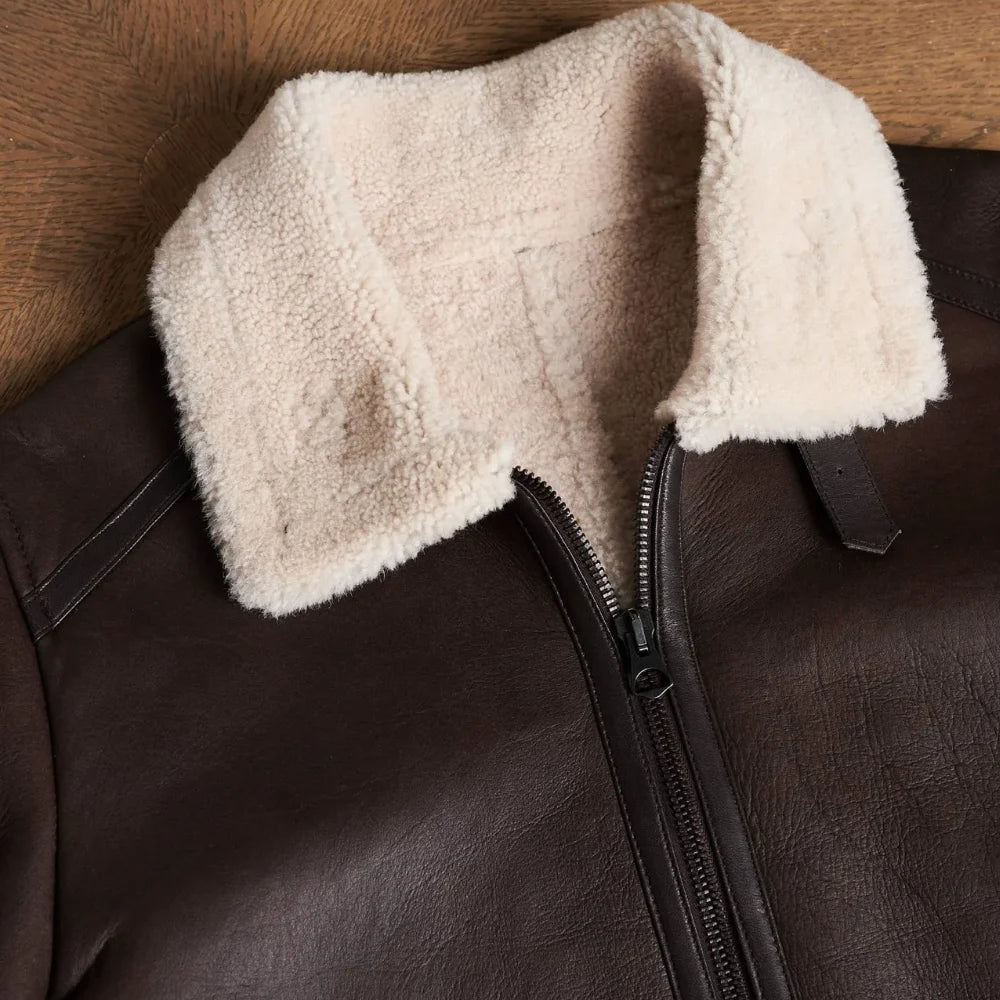 Men's Dark Brown Shirt Collar Shearling Lamb Biker Jacket