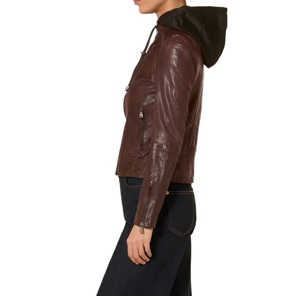 Women’s leather jacket with drawstring hood