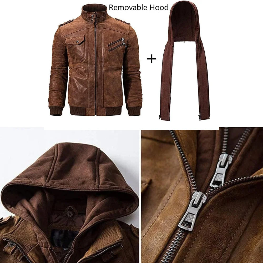 Mens Dark Brown Leather Bomber Jacket With Removable Hood