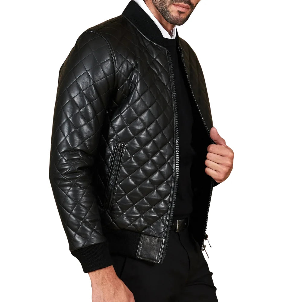 Men's Black Leather Bomber Diamond Quilted Jacket