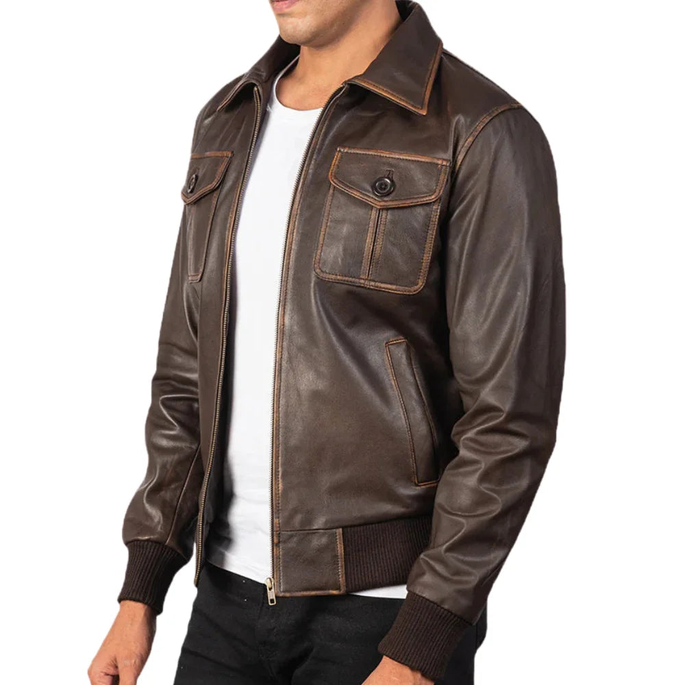 Men's Distressed Brown Leather Bomber Jacket