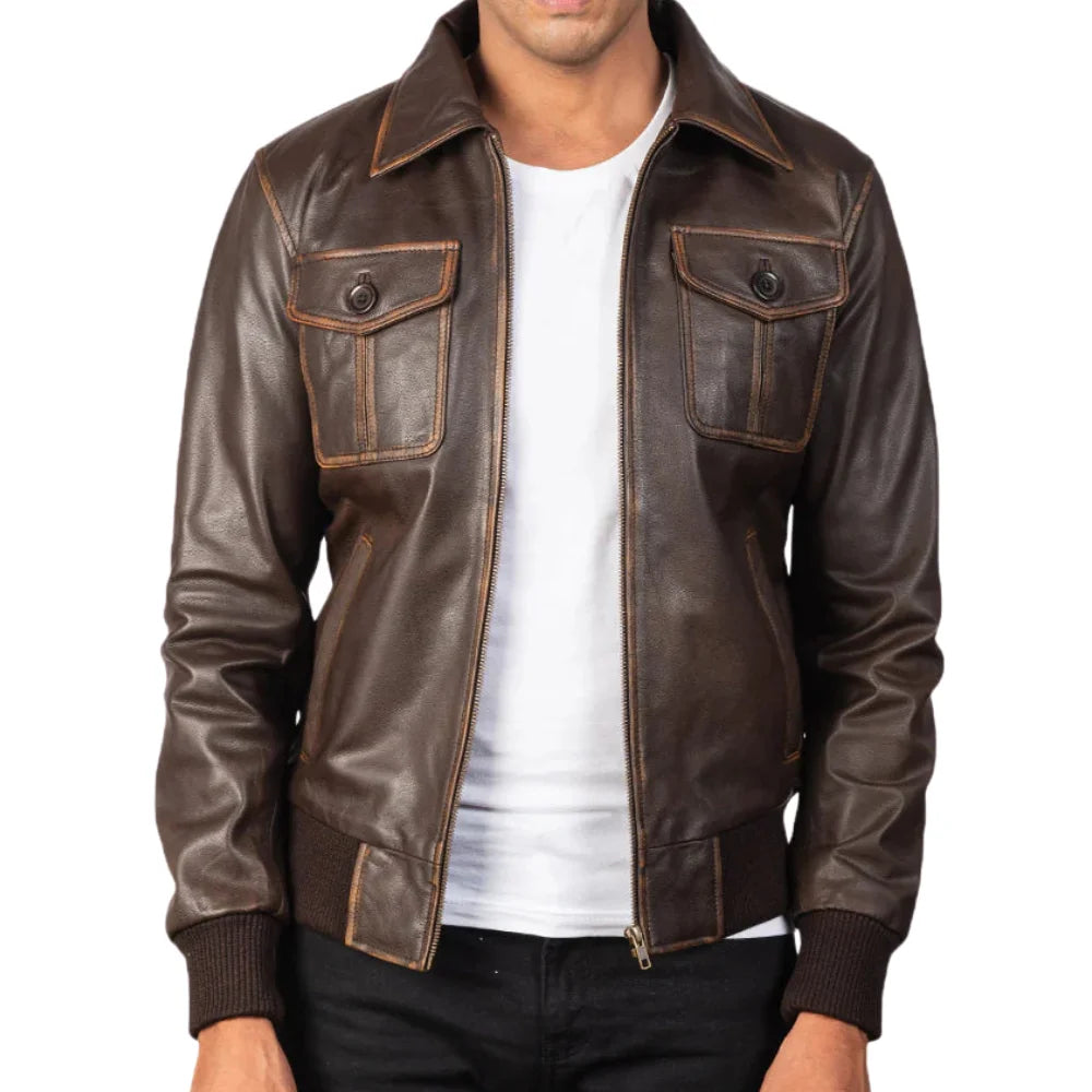 Men's Distressed Brown Leather Bomber Jacket