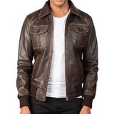 Men's Distressed Brown Leather Bomber Jacket