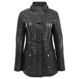 Women’s Sheepskin Black Leather Duffle Coat with Removable Sherpa Hood