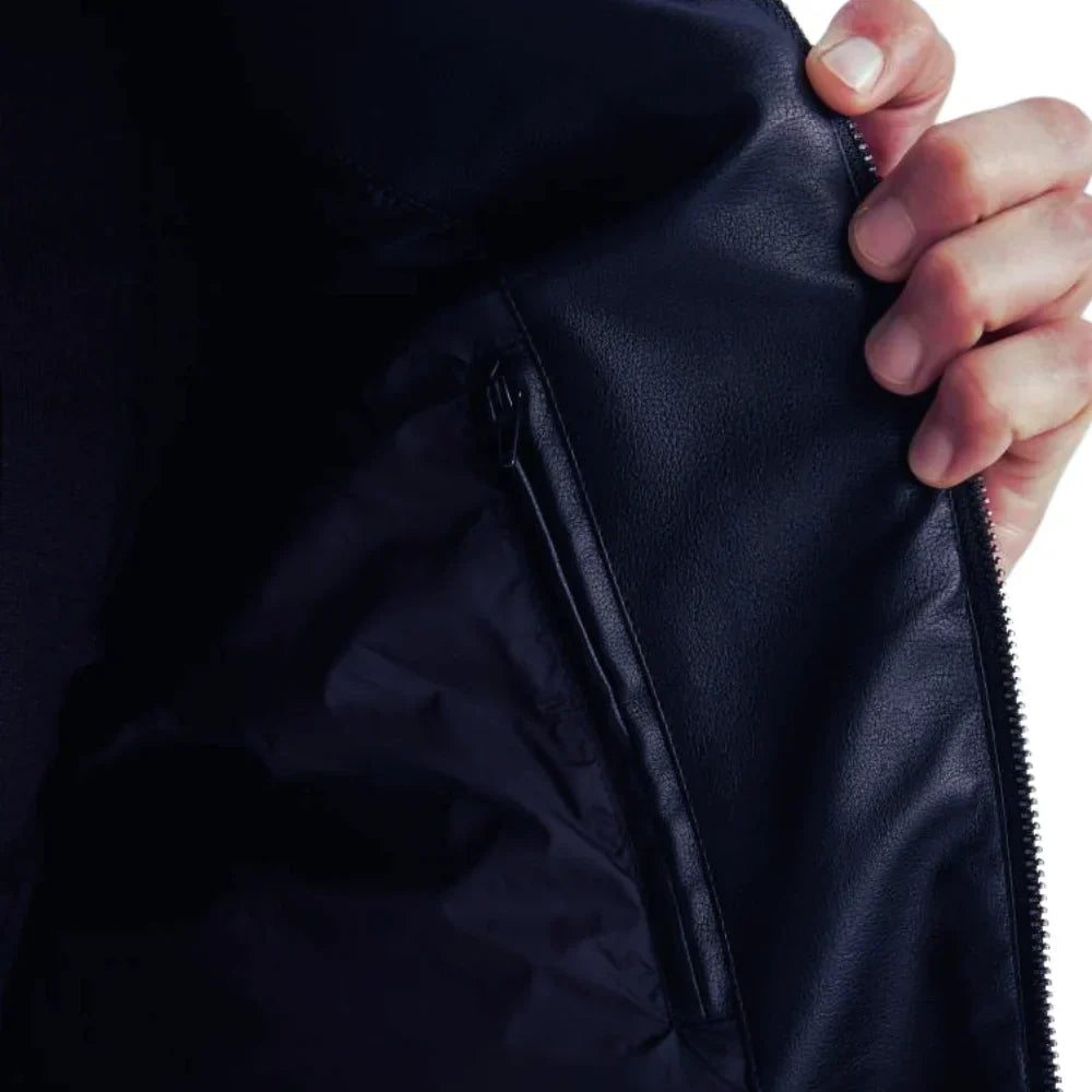 Four outer pockets on electric blue leather jacket