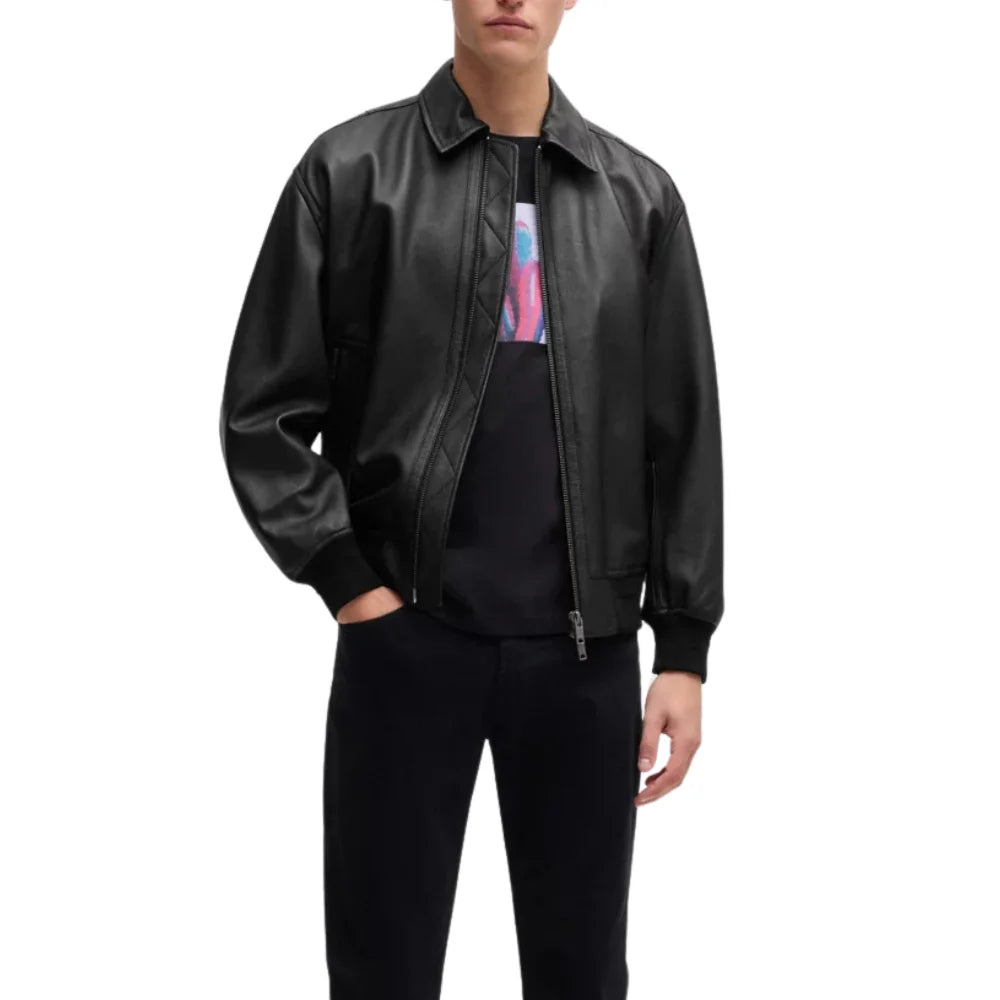 Men's Lamsbkin Black Relaxed Fit Black Bomber Jacket