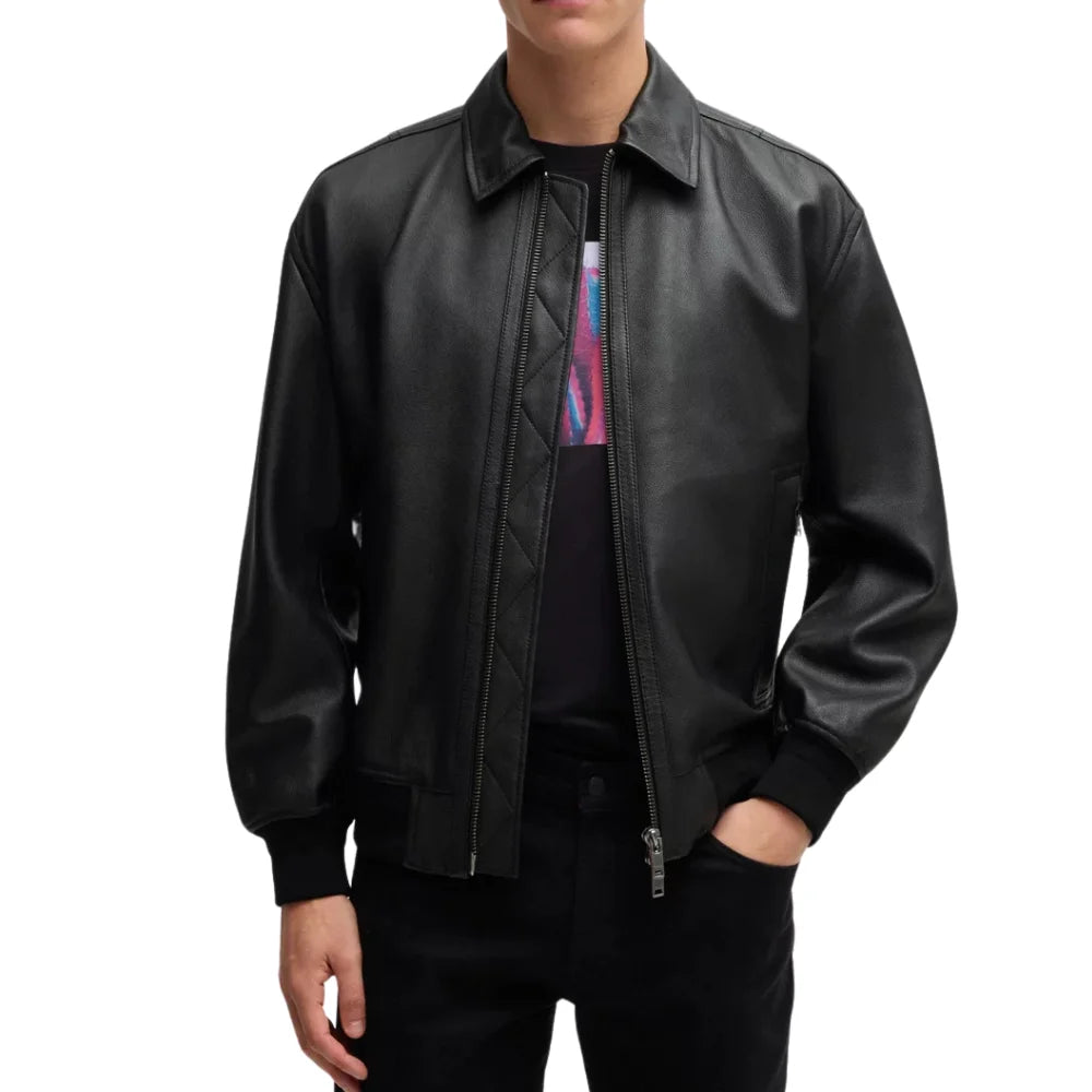 Men's Lamsbkin Black Relaxed Fit Black Bomber Jacket