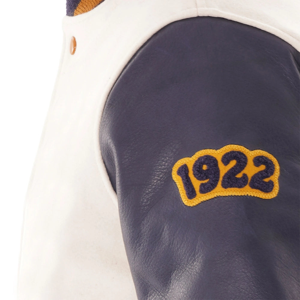 Wool Off White Varsity Jacket With Purple Leather Sleeves