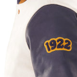 Wool Off White Varsity Jacket With Purple Leather Sleeves