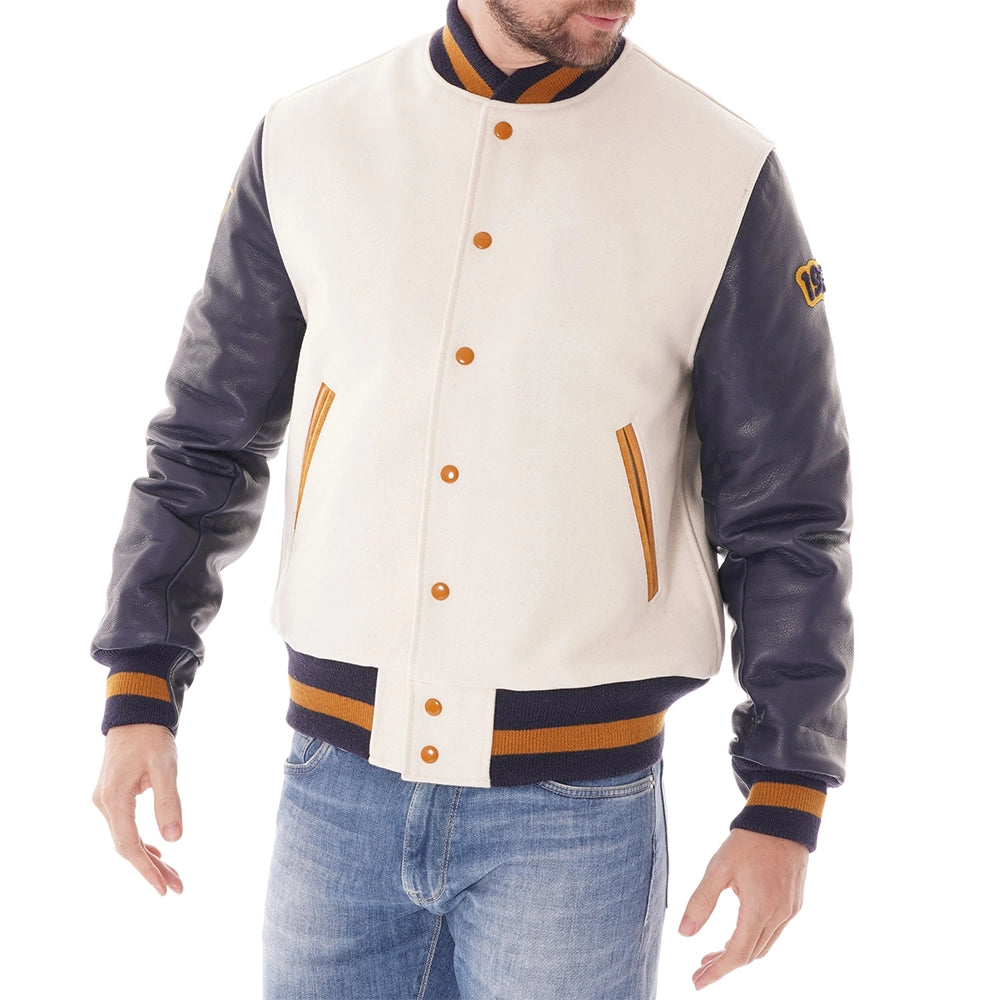 Wool Off White Varsity Jacket With Purple Leather Sleeves