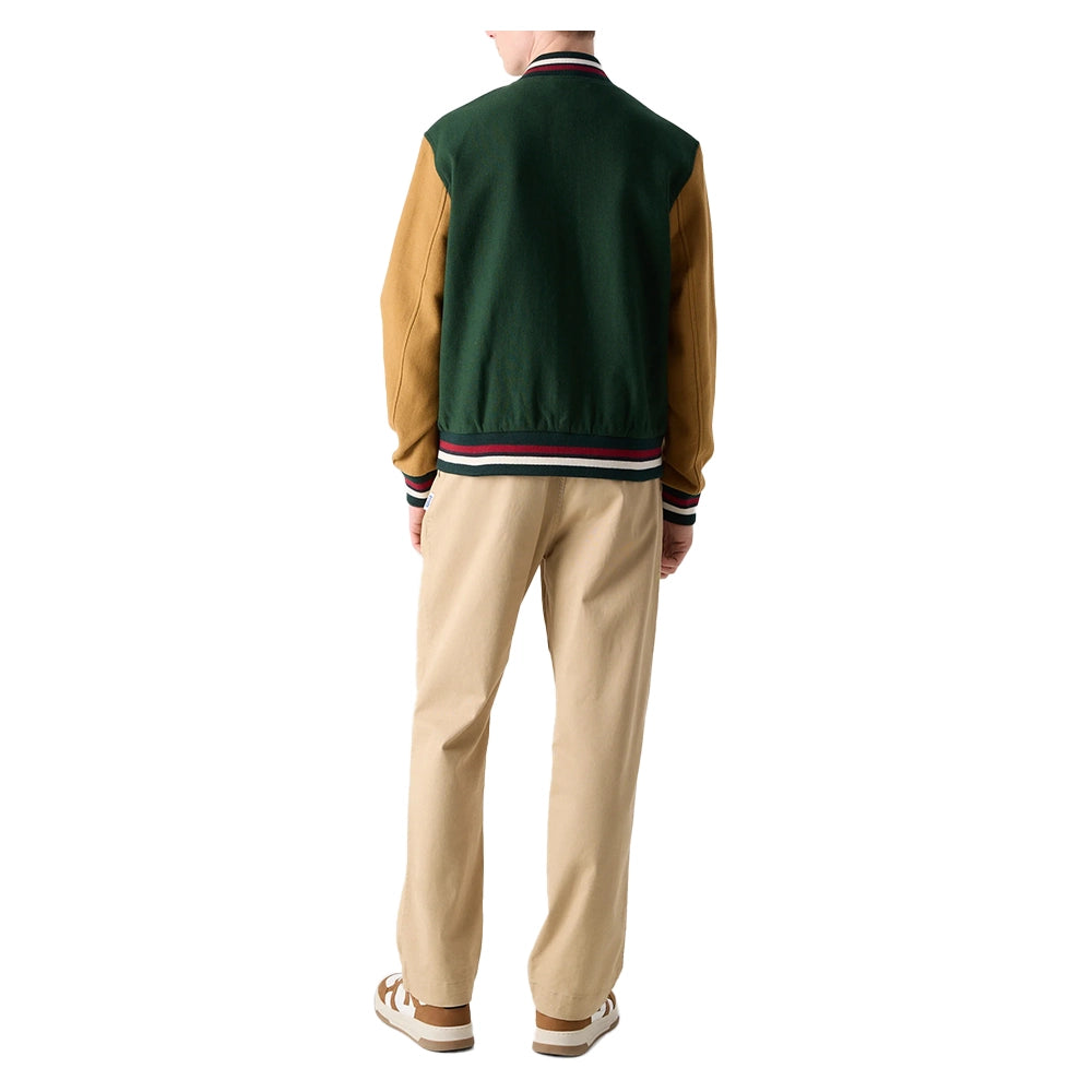 Aaron Wool Mens Dark Green Varsity Jacket with Cognac Sleeves