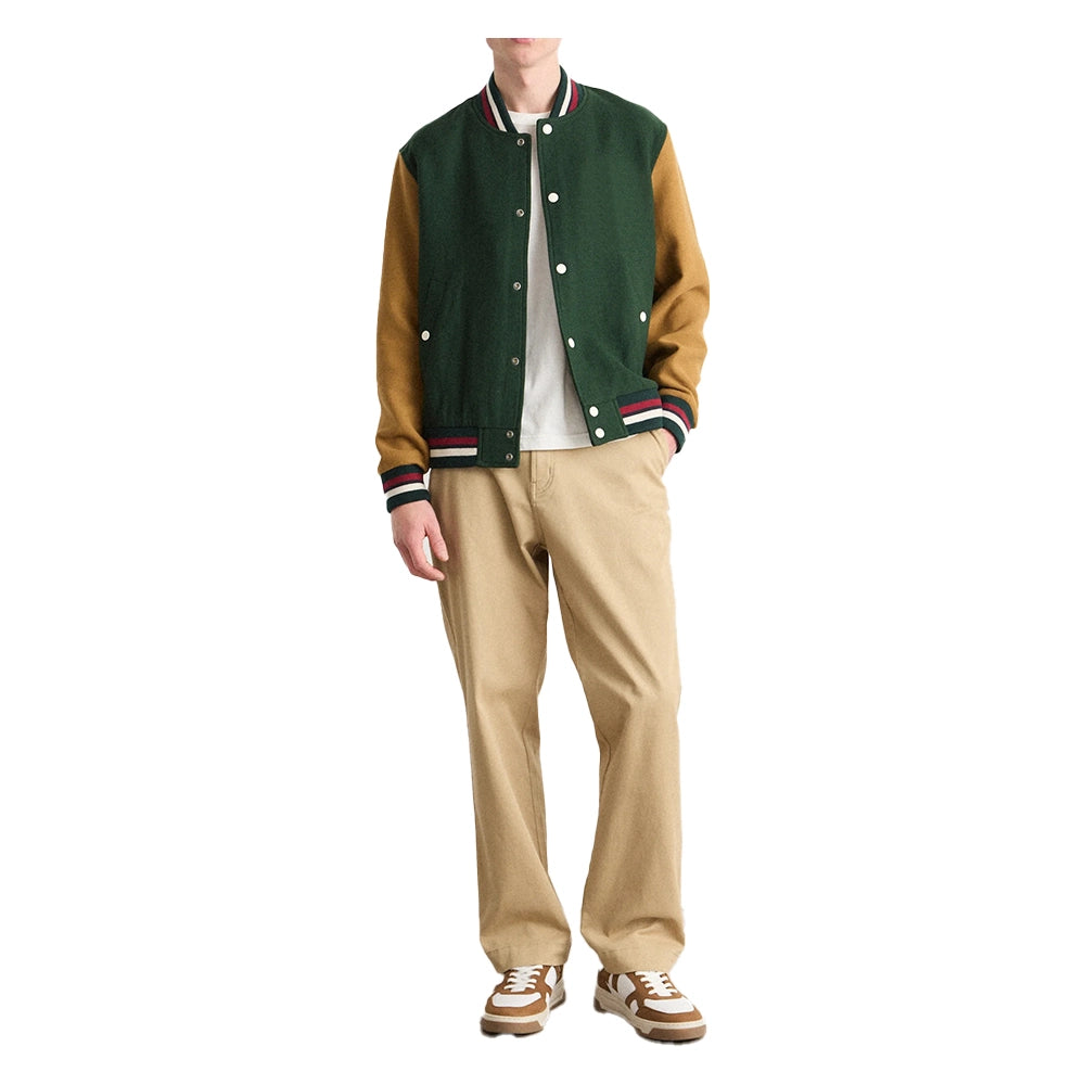 Aaron Wool Mens Dark Green Varsity Jacket with Cognac Sleeves