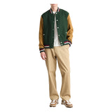Aaron Wool Mens Dark Green Varsity Jacket with Cognac Sleeves